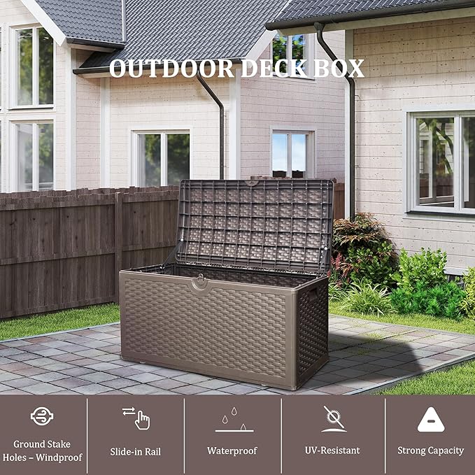 80 Plus Gallon Outdoor Storage Box, Waterproof Resin Deck Box Outdoor Storage Bin for Patio, Poolside, and Garden, Lockable & UV-Resistant, Ideal for Small Spaces, Brown-Ruum Studio Home