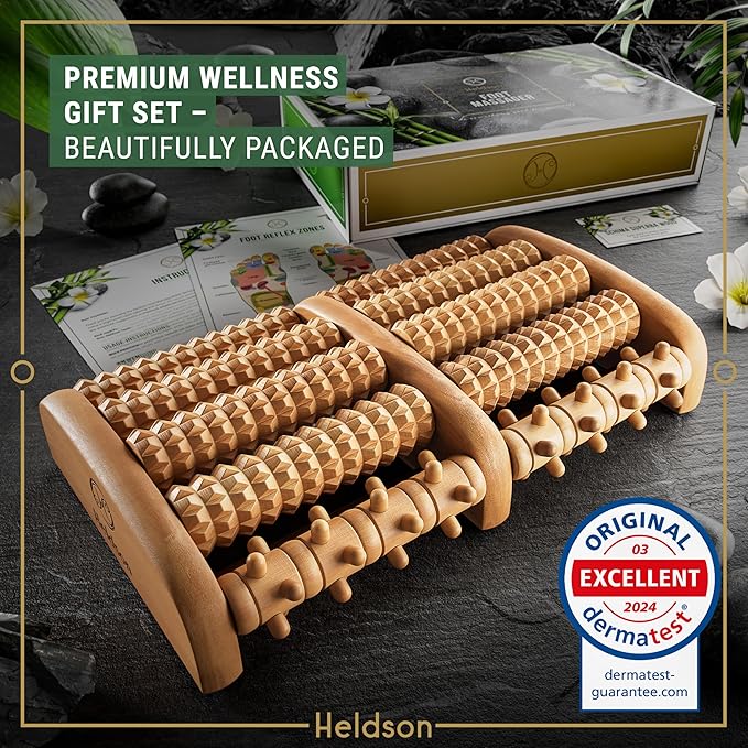 HELDSON® Foot Roller Massager Plantar Fasciitis Pain Relief - Wooden Under Desk Feet Massage - Dual Manual Heel Massagers - Wood Rolling Acupressure Tool with Reflexology Guide - Gift for Men, Women-Ruum Studio Home