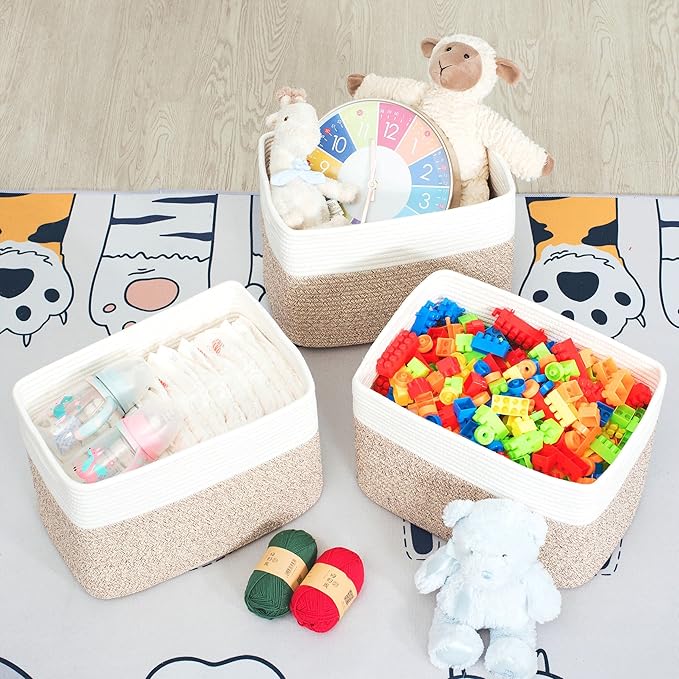 MINTWOOD Design 3-Pack Storage Baskets for Shelves, Playroom and Classroom Basket, Book Decorative Cube Bins, Woven Closet Organizers, Baby Nursery Baskets, Light Brown-Ruum Studio Home