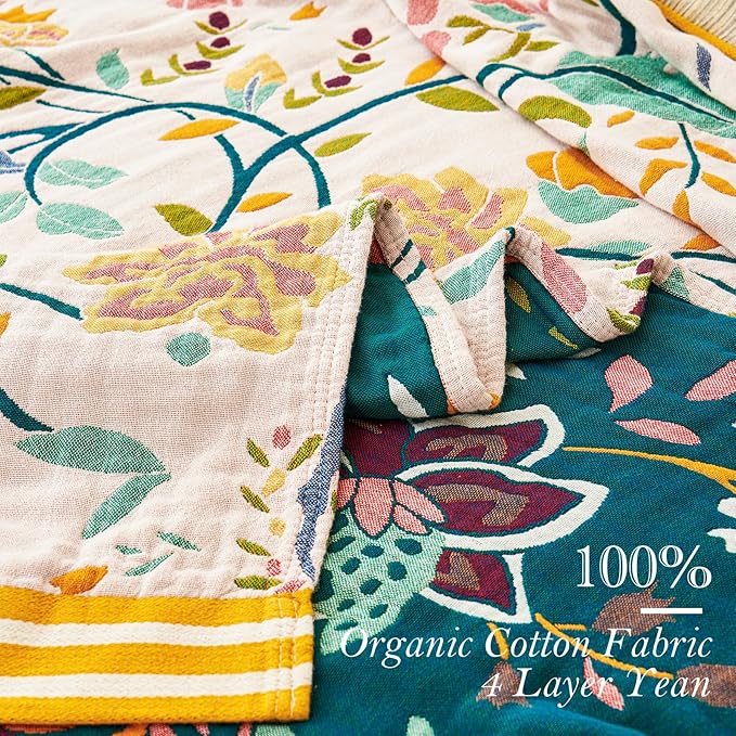 Boho Throw Blanket, 100% Organic Cotton Breathable Ultra Soft 91" x 98" Bed Quilt Throw - All Season Floral Rustic Farmhouse Decor Luxury Reversible Blanket for Sofa Couch Chair and Gift-Ruum Studio Home