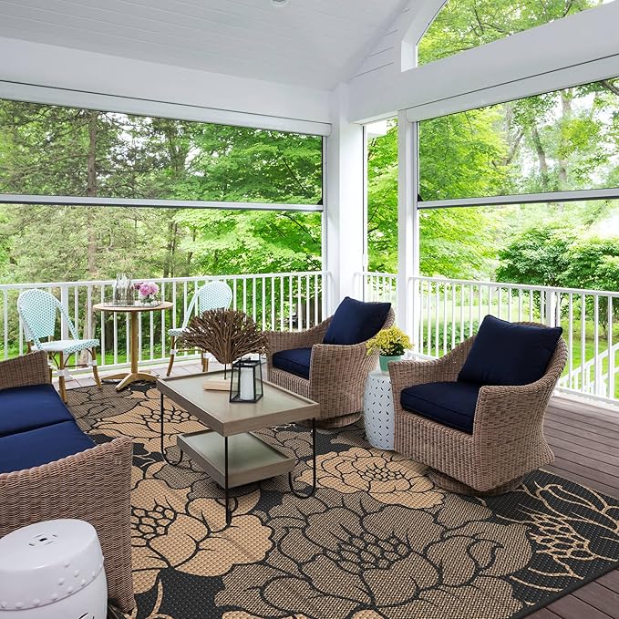 GENIMO Outdoor Rug Waterproof for Patio Decor, 8' x 10' Reversible Plastic Straw Floral Camping Carpet, Large Area Rugs Mats for RV, Camper, Deck, Balcony, Porch, Beach, Picnic, Mix-Black & Brown-Ruum Studio Home