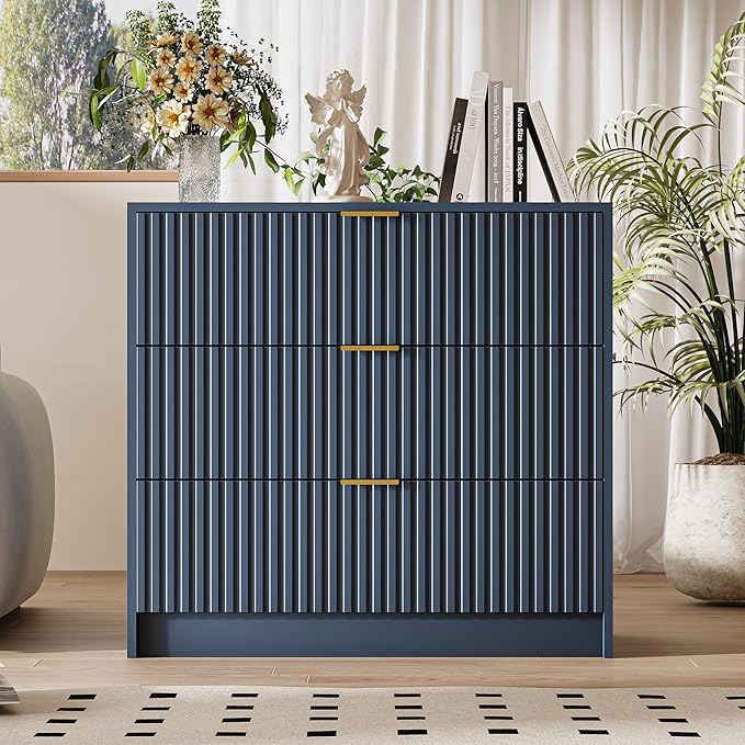 Fluted Dresser for Bedroom, 32 Inch Wide Nightstand with Large Drawer, 3 Drawer End Table for Bedroom, Living Rooms, Offices, and Entryways, Navy Blue-Ruum Studio Home