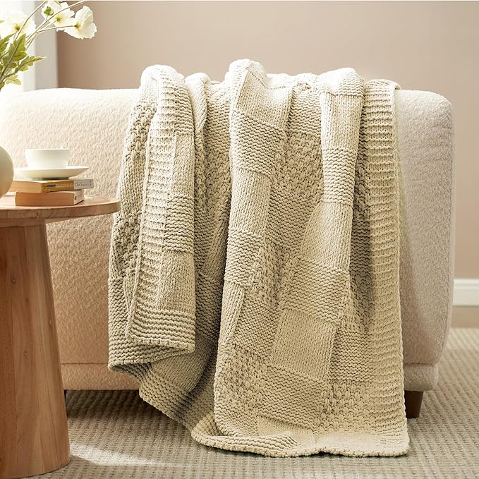 Amélie Home Chenille Knit Throw Blanket for Couch, Checkered Texture Decorative Soft Blanket for Sofa, Bed & Living Room, 50"x60", Beige-Ruum Studio Home