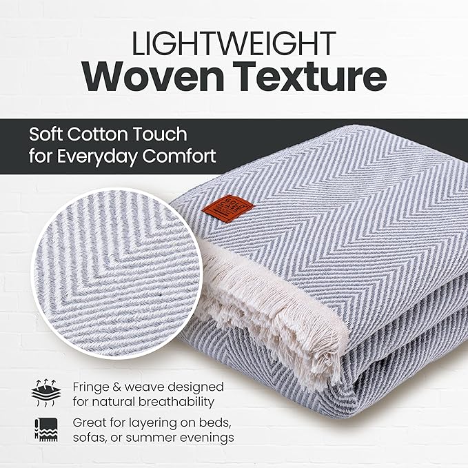 Gold Case Throw Blanket for Bed – 100% Recycled Turkish Cotton Bed Blanket – Decorative Throw Cotton Blankets for Living Room & Bedroom – Woven Twin Blankets - 71x90 - Elegant Grey-Ruum Studio Home