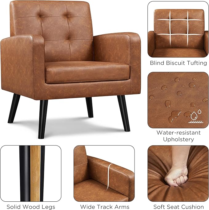 Yaheetech Mid-Century Accent Chairs, PU Leather Modern Upholstered Living Room Chair, Cozy Armchair Button Tufted Back and Wood Legs for Bedroom/Office/Cafe, Retro Brown 2 PCS-Ruum Studio Home