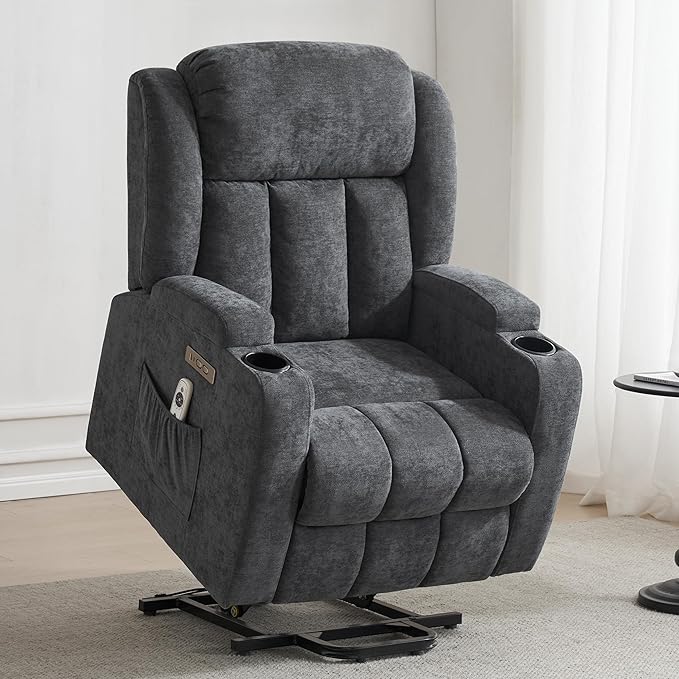 Power Lift Recliner Chair for Elderly with Massage and Heat, Recliner Chairs for Adults, Upgraded Fabric Reclining Sofa Chair with USB & Type-C Ports and Cup Holders, L1188(Grey)-Ruum Studio Home