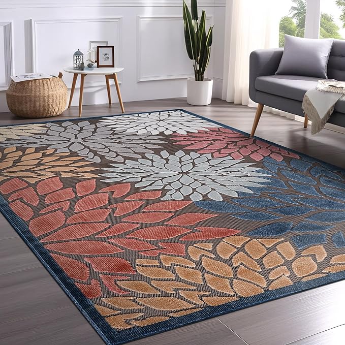 Beverly Rug Outdoor Rug 9x12 Large Modern Floral Tropical Area Rugs for Indoor and Outdoor Patio Easy to Clean Non Shedding Living Room Porch Garden Washable Outside Carpet (9 x 12 Brown)-Ruum Studio Home