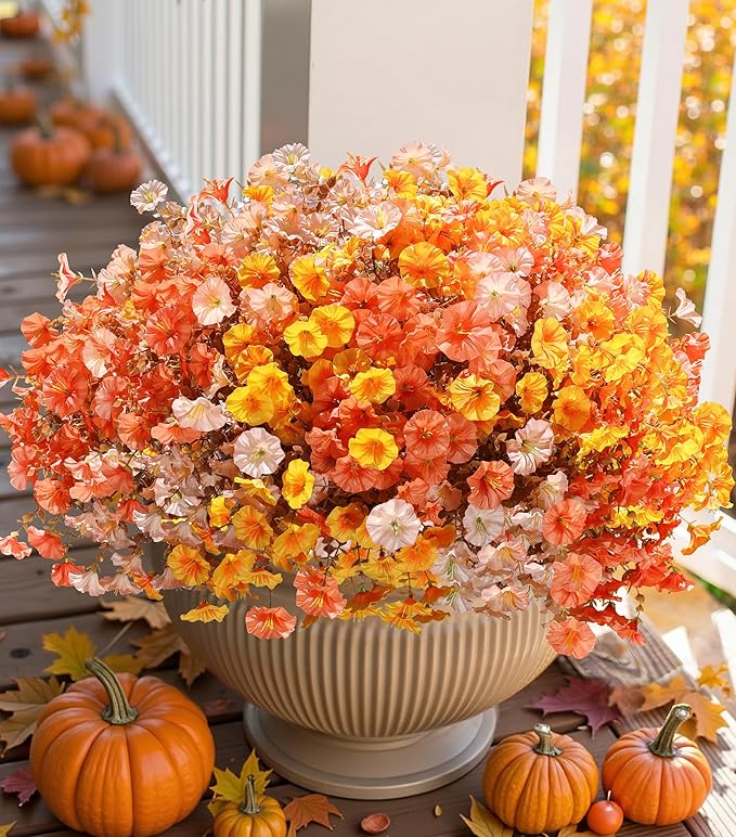 Artificial Mums for Outdoors Fake Fall Flowers Plants for Autumn Decoration, 12 Bundles Silk Morning Glory with Eucalyptus Look Real UV Resistant Faux Mums for Outside Planters Yard Patio Porch, Mix-Ruum Studio Home