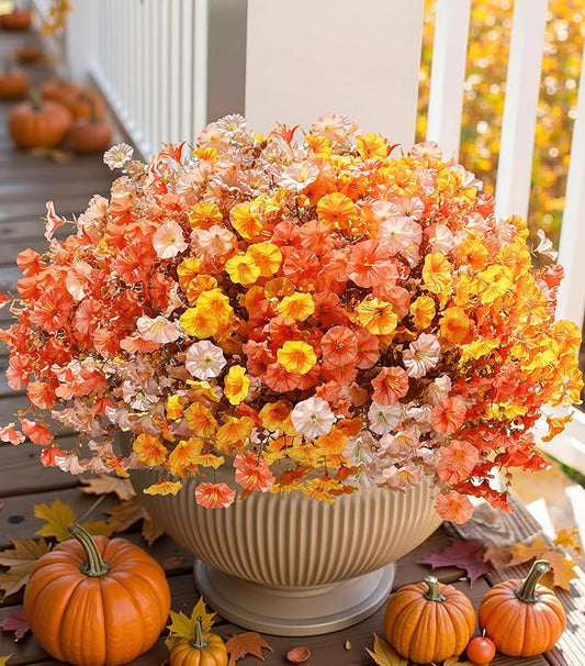 Artificial Mums for Outdoors Fake Fall Flowers Plants for Autumn Decoration, 12 Bundles Silk Morning Glory with Eucalyptus Look Real UV Resistant Faux Mums for Outside Planters Yard Patio Porch, Mix-Ruum Studio Home