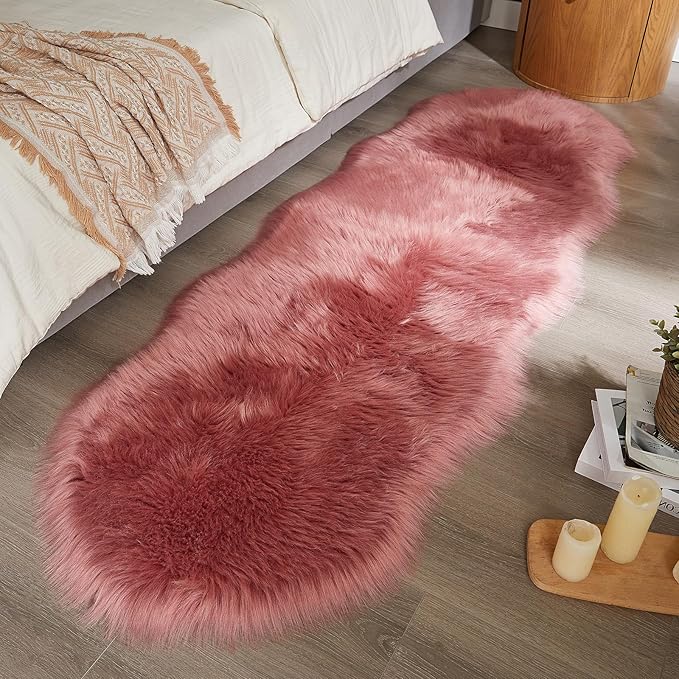 AMTOVO Faux Sheepskin Rug, Blush Pink Ultra Soft Fluffy Shag Area Rug, 2 x 6 ft Faux Fur Rug for Bedroom Sofa Throw Cushion Room Decor, Sheepskin-Ruum Studio Home