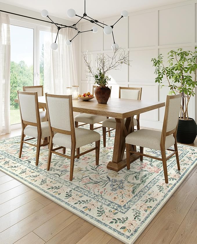 Wonnitar Large Washable 8x10 Rug, Boho Living Room Rug 8 x 10, Soft Floral Carpet for Bedroom Non Slip, Indoor Soft Beige Carpets for Dining Room Apartment Office-Ruum Studio Home