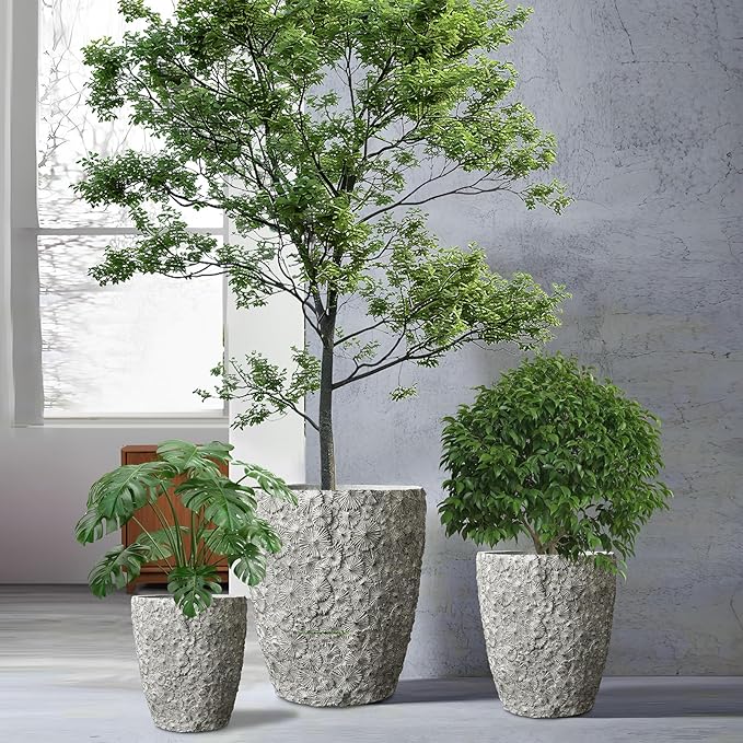 Craft flowerpots 16"+12"+10" Dia Round Concrete Planter Set of 3 Large Outdoor/Indoor Planter Pots Containers with Drainage Holes and Rubber Plug for Home Garden (Grey, Large)-Ruum Studio Home