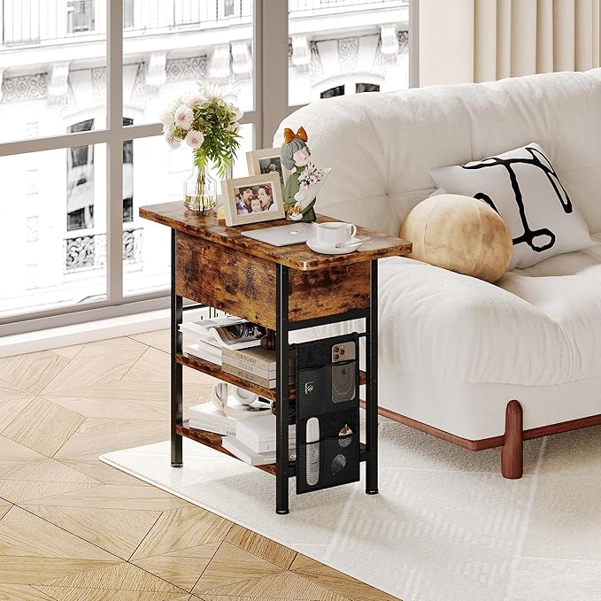End Table with Charging Station, Flip Top Nightstand with USB Ports and Outlets, Couch Side Table with Fabric Bag and Hooks, Bedside Table for Space Saving, Living Room, Bedroom (Rustic Brown)-Ruum Studio Home