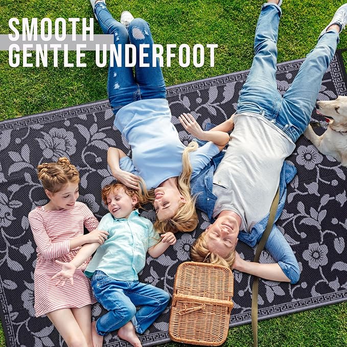 OLANLY Waterproof Outdoor Rug 8x10 ft, Outdoor Plastic Straw Rug with Flower Pattern, Reversible RV Mat for Patio, Camping, Balcony, Deck, Backyard, Black & Grey-Ruum Studio Home