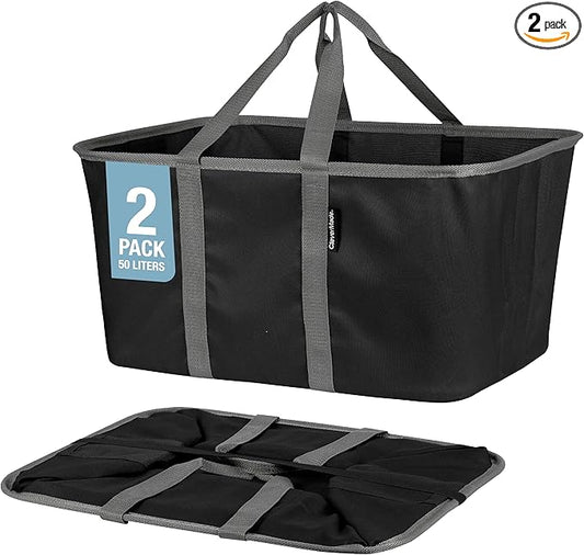 CleverMade Collapsible Laundry Tote - Midnight Black Shadow Gray 2-Pack 50L - Foldable Storage Organization Container for Clothes Laundry Room Storage-Ruum Studio Home