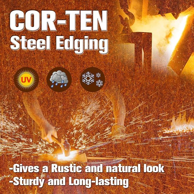 Worth Garden 6 Pack Pre-Rusted Cor-Ten Steel Landscape Edging - 40" L x 5.5" H Each (20ft Total) - No-Dig Hammer-in Heavy Duty 14-Gauge Metal Border w/ 7 Clips & Gloves - Edge for Lawn Yard-Ruum Studio Home