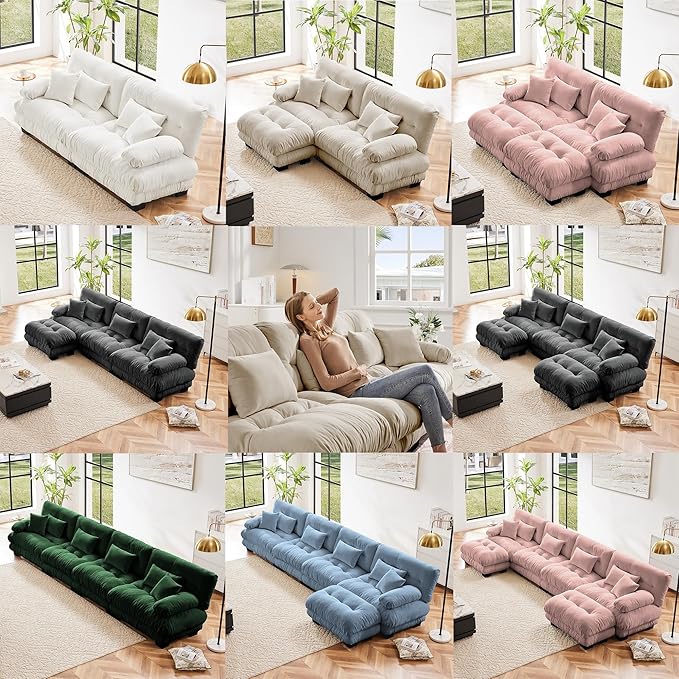 Modular Sectional Sofa, Comfy Cloud Couch 3 Seater Couch, Sectional Couches for Living Room, Modern Chenille Oversized Couches for Bedroom, Sleeper Deep Seat Sofa with Throw Pillows, Blue-Ruum Studio Home