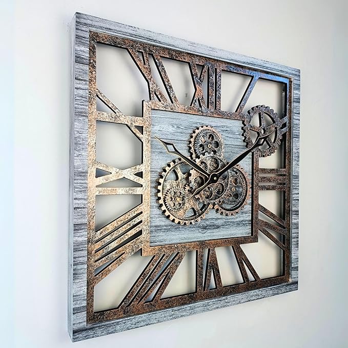 The Gears Clock 24'' Inch Square Real Moving Gear Wall Clock Vintage Industrial Oversized Rustic Farmhouse (Silver Grey)-Ruum Studio Home
