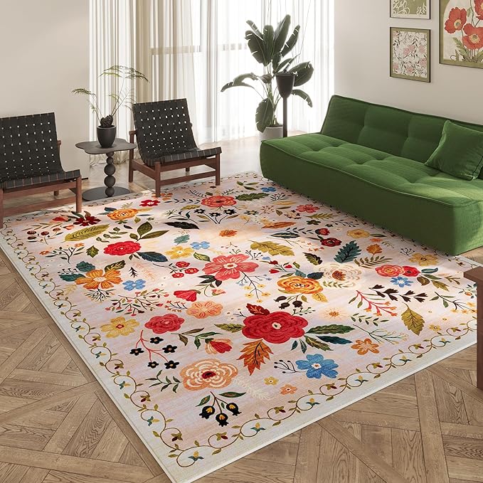Area Rugs 8x10 Rug for Living Room Clearance Washable Boho Area Rug Non Slip Floral Vintage Low Pile Large Rug for Living Room, Bedroom, Farmhouse, Dining Room, Kids Playroom(Beige)-Ruum Studio Home