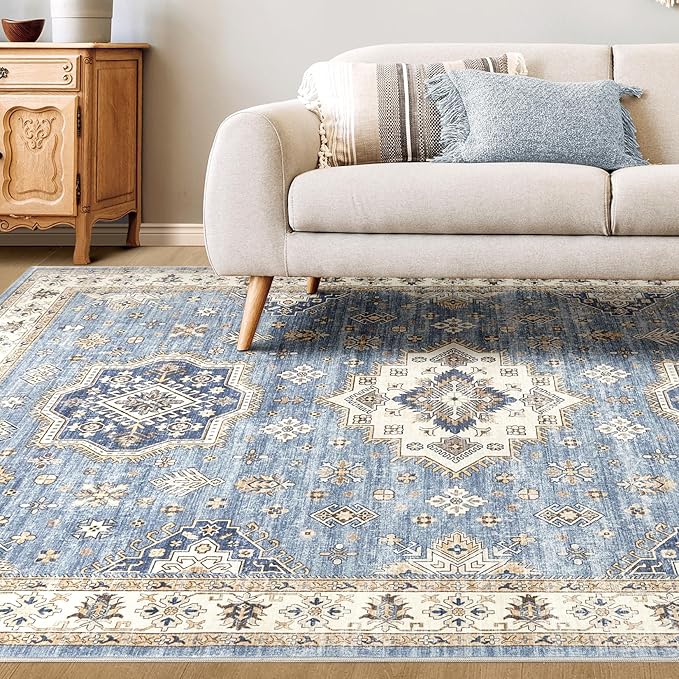 Washable Area Rugs for Living Room -9x12 Neutral Vintage Distressed Floral Farmhouse Boho Large Soft Floor Rug Indoor Non Slip Carpet for Living Room Bedroom Dining Room Office - Blue-Ruum Studio Home