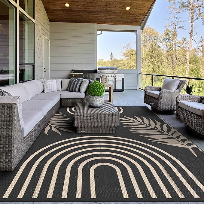 GENIMO Outdoor Rug 8' x 10' Waterproof for Patio Clearance, Reversible Lightweight Plastic Straw Camping Carpet, Large Area Rugs Mats for Rv, Backyard, Deck, Porch, Picnic, Balcony, Mix-Black & Beige-Ruum Studio Home