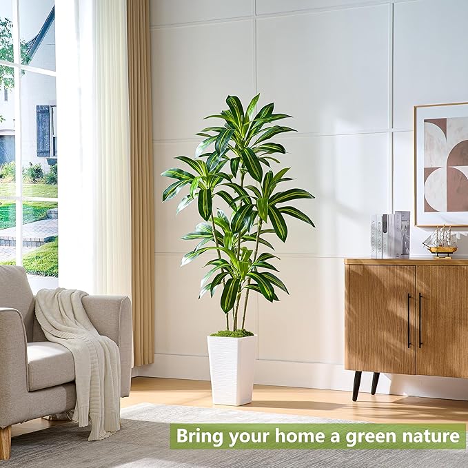 Artificial Dracaena Tree Artificial Silk Tree Faux Tree Fake Tropical Yucca Floor Plant with White Tall Planter (1, White Tall Planter, 6FT)-Ruum Studio Home
