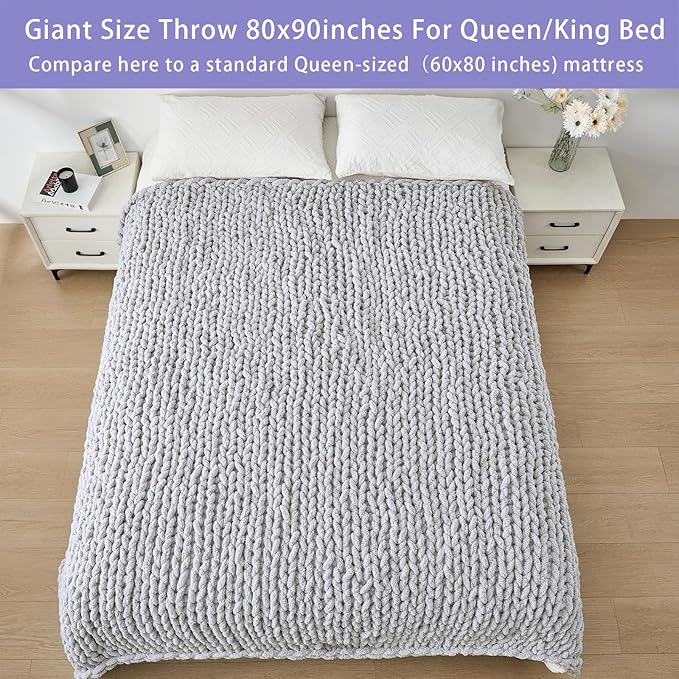 Bigacogo Chunky Knit Throw Blanket for Couch, 80x90 inches, 100% Hand Knitted with Thick Jumbo Chenille Yarn, Cozy Soft Large Rope Knot Cable Crochet Blankets for Sofa Bed Living Room, Light Grey-Ruum Studio Home