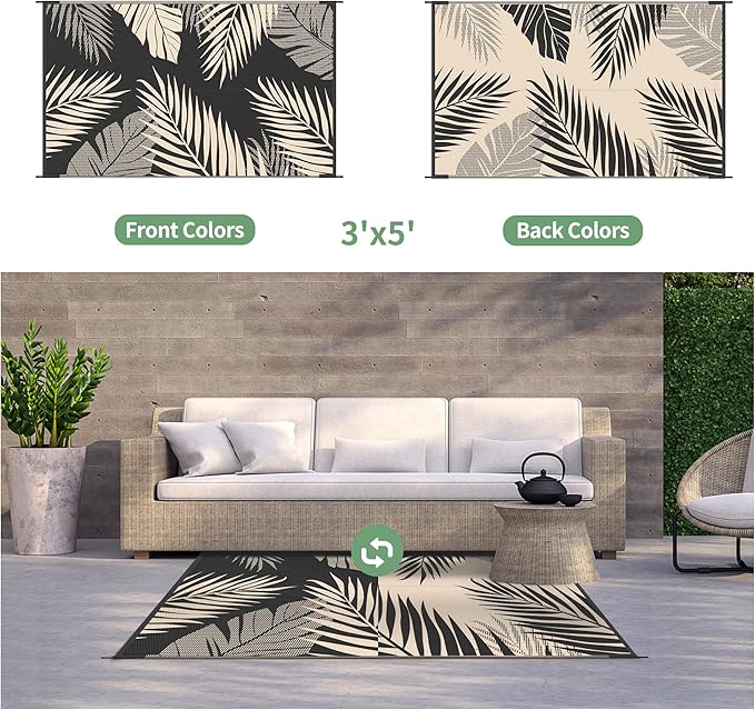 GENIMO Outdoor Rug 3' x 5' Waterproof for Patios Clearance, Reversible Outdoor Plastic Straw Camping Rug Carpet, Large Area Rugs Mats for RV, Camper, Deck, Balcony, Porch, Beach, Picnic, Black&Beige-Ruum Studio Home