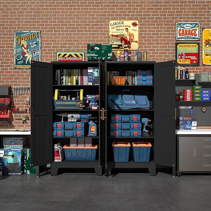 Black Metal Storage Cabinet, 61" Steel Cabinets for Home Office, Kitchen Pantry Storage Cabinet with Doors and 3 Adjustable Shelves, Metal Tool Cabinet, for Office, Home, Garage, School-Ruum Studio Home