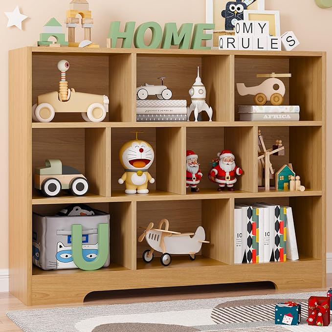 Book Shelf, 10 Cubes Storage Organizer, 3-Tier Open Shelf Wooden Bookcase, Freestanding Wooden Bookshelf Cube Shelf for Bedroom, Living Room-Ruum Studio Home
