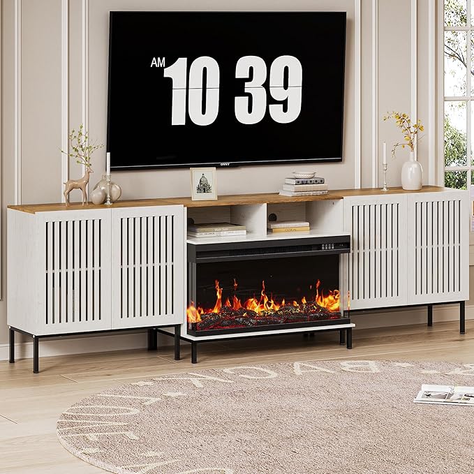 3-Sided Glass Farmhouse Fireplace TV Stand for TVs Up to 100 Inch, Entertainment Center with 36" Electric Fireplace, TV Console with Storage Cabinets for Living Room, Antique White-Ruum Studio Home