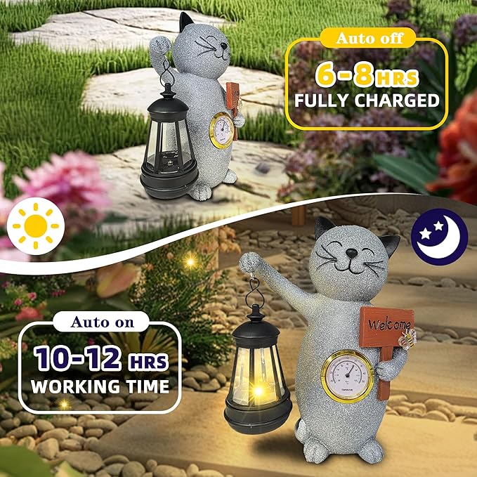 Solar Cat Outdoor Statues for Garden-Creative Thermometer-Lantern-Welcome Sign, Suitable for Yard Art, Lawn Ornaments, Porch, Terrace, Alcove, Home, House Outdoor, Cat Garden Decoration-Ruum Studio Home