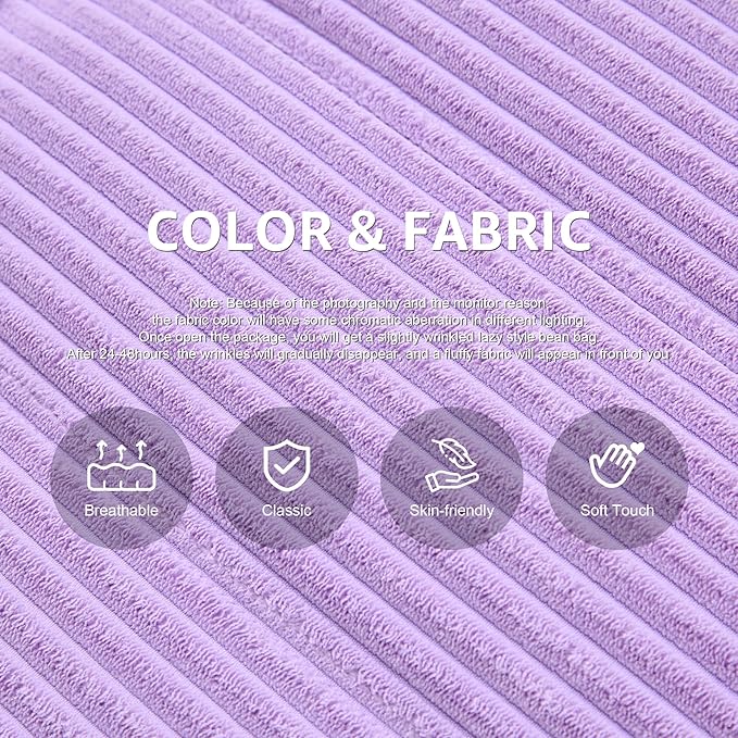 Bean Bag Chairs for Adults Giant Bean Bag Chair Memory Foam BeanBag Chair Big Bean Bag Sofa with Filler Faux Fur Fireside Beanbags Lazy Sofa for Living Room Bedroom Dorm Office (Purple Corduroy)-Ruum Studio Home