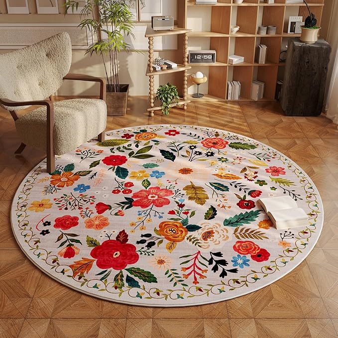 Round Rug 4ft Washable Circle Rug Non Slip Low Pile Boho Floral Small Circular Rug for Bedroom, Bathroom, Entryway, Kids Room, Office, College Dorm(Beige)-Ruum Studio Home