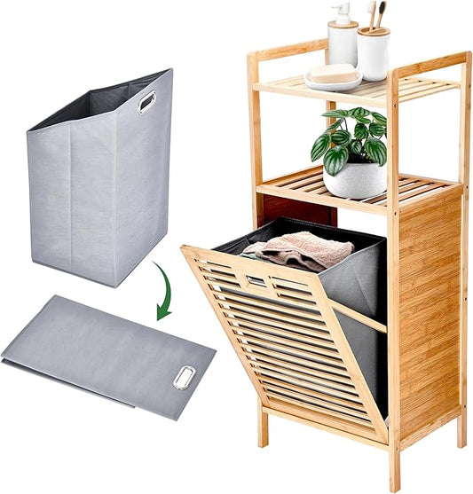 Prosumer’s Choice Bamboo Tilt-Out Laundry Hamper with 2-Tier Storage Shelves – Freestanding Clothes Hamper with Removable Liner, Space-Saving Design for Bathroom or Bedroom – 15.5”L x 11.8”W x 37.4”H-Ruum Studio Home