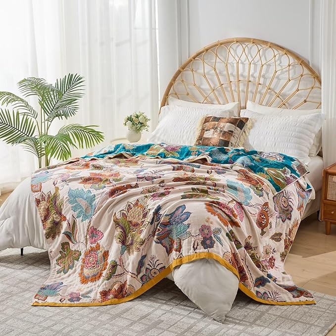 Summer Boho Throw Blanket for Bed, Multi Reversible Blanket Washable Breathable,Lightweight 4-Layer King Size Quilt for Bed,Floral Birds, 100% Cotton Muslin Large Travel Throw Blanket,90"x98"-Ruum Studio Home