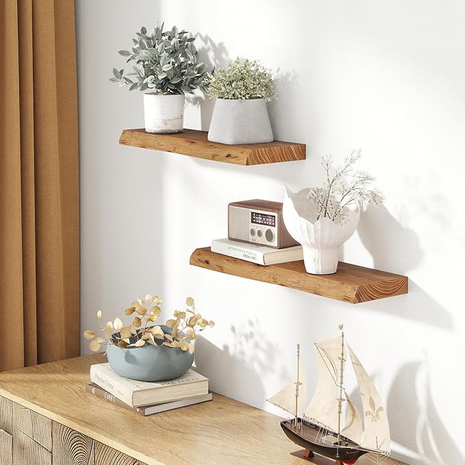 24" Floating Shelves, Live Edge Solid Elm Wood Floating Shelf, Wall Mounted Display Shelves with Heavy-Duty Bracket for Books, Rustic Wooden Shelf for Kitchen, Bathroom, Natural Color, Set of 2-Ruum Studio Home