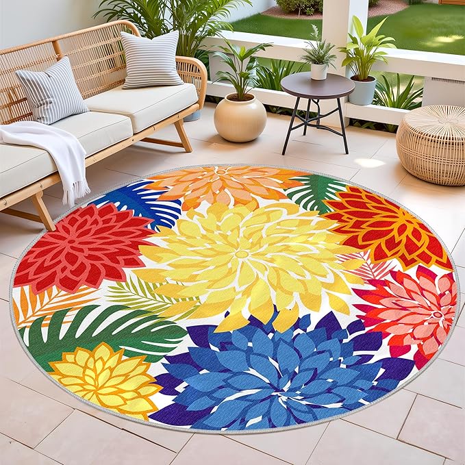 Indoor Outdoor 6FT Round Area Rug Washable Rugs Multicolored Patio Rug Tropical Botanical Modern Floral Indoor Outdoor Round Carpet Non Slip for RV, Pool Deck, Backyard, Porch-Ruum Studio Home