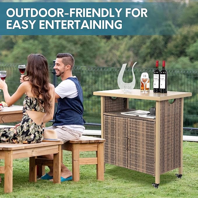 Outdoor Indoor Storage Cabinet with Rolling Wheels, Patio Serving Cart with Bar Table and Wicker Cabinet, Kitchen Island Prep Table, Beige-Ruum Studio Home