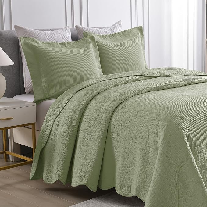 MarCielo 3-Piece 100% Cotton Oversized Bedspread Lightweight Quilt Coverlet Embroidery Farmhouse Bedding Set (TG Pale Green, Oversized Queen (100"x106"))-Ruum Studio Home
