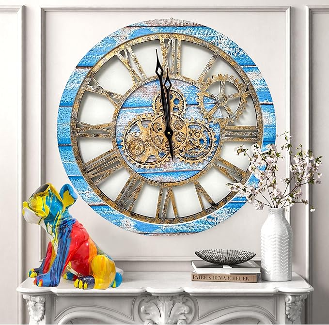 The Gears Clock The Original Real Moving Gear Wall Clock Vintage Industrial Oversized Rustic Farmhouse (24 inch (60cm), Vintage Ocean Blue and Bronze)-Ruum Studio Home