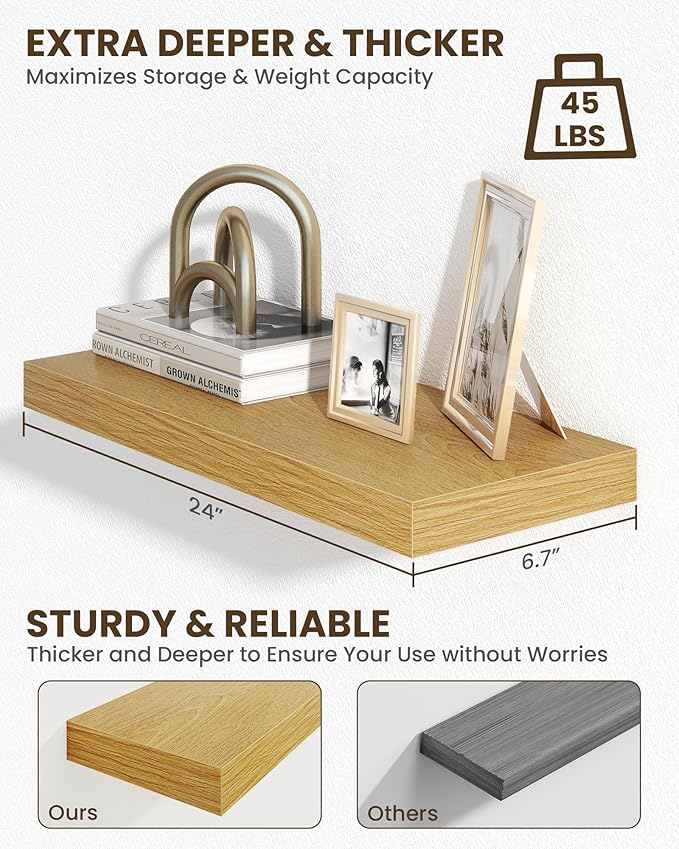 Marsmiles 24" Floating Shelves for Wall, Wooden Shelves with Invisible Brackets Set of 2, Rustic Farmhouse Wall Mounted Shelf for Kitchen Bathroom Living Room Study, Natural Oak-Ruum Studio Home