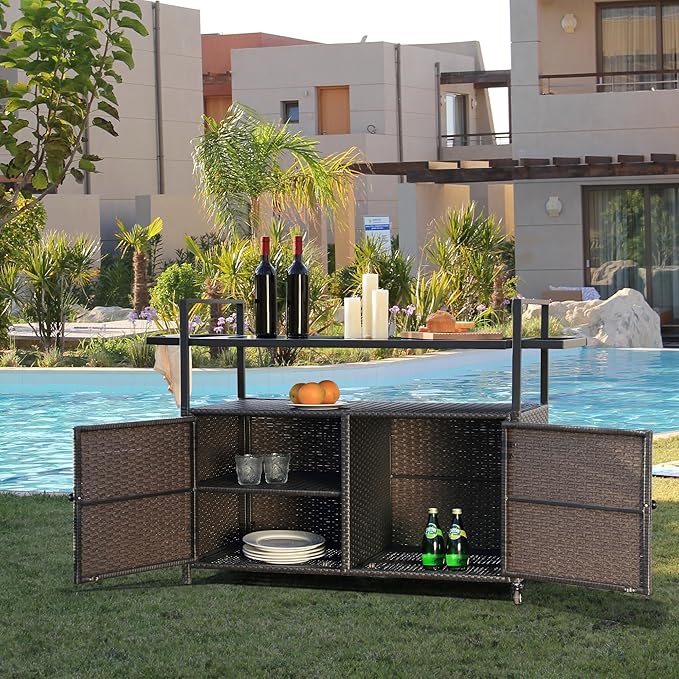 Wicker Outdoor Bar Cart - Brown Patio Console Storage Table Buffet Cabinet Serving Kitchen Cart with Wheels for Outside Backyard-Ruum Studio Home