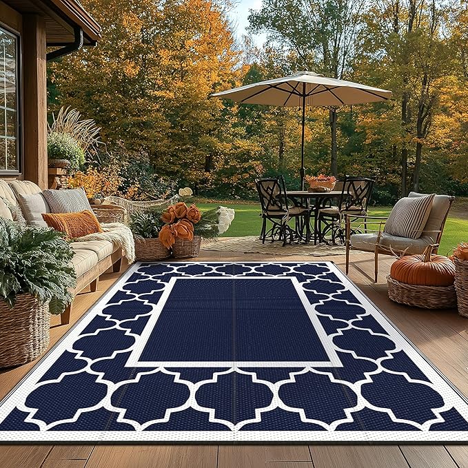 GENIMO 6' x 9' Outdoor Rug Waterproof for Patio Fall Decor, Foldable Reversible Plastic Straw Area Rugs Mat for Camper, Outside Carpet for Rv, Deck, Porch, Picnic, Beach, Balcony, Blue & Grey-Ruum Studio Home