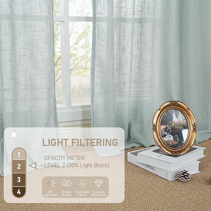LAMIT Sheer Linen Curtains 63 inches Long for Bedroom, Bronze Grommet Linen Drapes Light Filtering Semi Sheer Curtains for Small Window/Kitchen, 2 Panels, 34 x 63 Inch, Greyish Blue-Ruum Studio Home