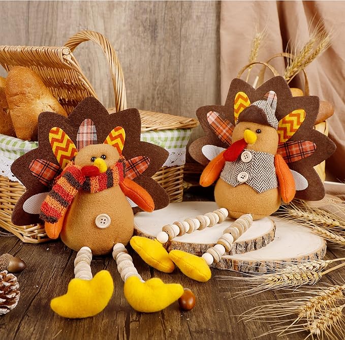 winemana Thanksgiving Decorations Set of 2 Turkeys with Dangling Legs, Mr and Mrs Turkey Couple Plush Tabletop Centerpieces for Fall Harvest Home Kitchen Shelf-Ruum Studio Home