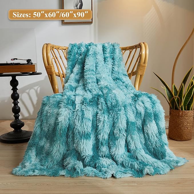 XeGe Luxury Faux Fur Blanket, Tie Dye Teal Soft Fluffy Throw, Shaggy Plush Decorative Couch Blanket, Turquoise Bed Furry Fuzzy Throw for Bedroom Living Room, Tie Dye Teal, 60x90-Ruum Studio Home