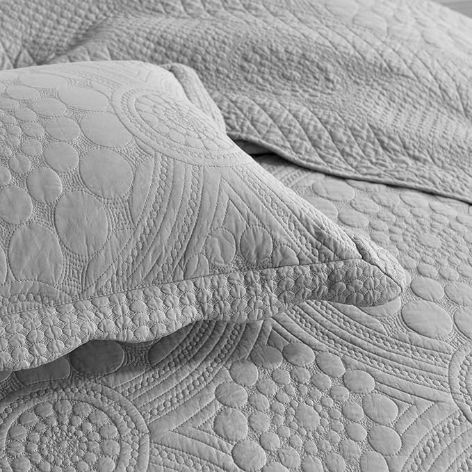 MarCielo 3-Piece 100% Cotton Oversized Bedspread Lightweight Quilt Coverlet Embroidery Farmhouse Bedding Set (Tf Light Grey, Oversized Queen (100"x106"))-Ruum Studio Home