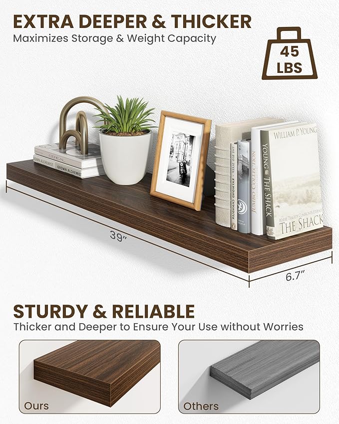 Marsmiles 39" Floating Shelves for Wall, Wooden Shelves with Invisible Brackets Set of 2, Rustic Farmhouse Wall Mounted Shelf for Kitchen Bathroom Living Room Study, Walnut-Ruum Studio Home
