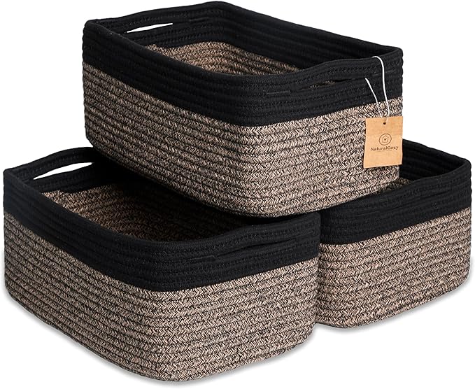 NaturalCozy 13.5”x8.5”x5.5” Rectangle Storage Baskets for Shelves 3 Pack | Cotton Rope Woven Small Baskets for Organizing | Small Storage Bins for Nursery, Bathroom, Closet, Shelf, Decorative-Ruum Studio Home